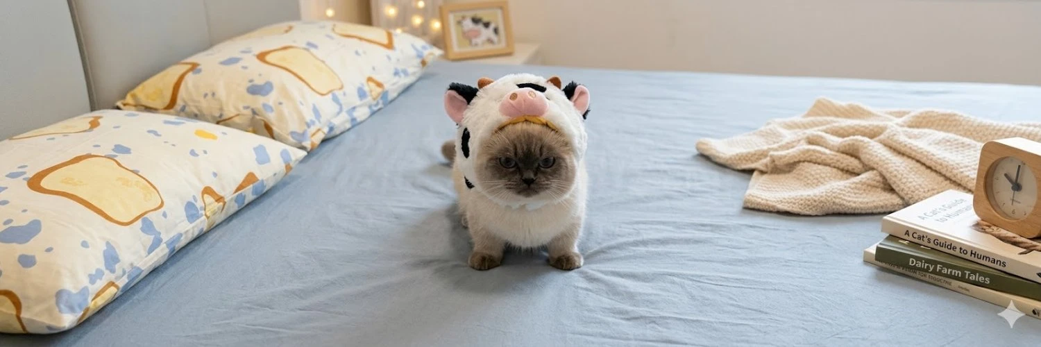 Tiny cat in his cosy bedroom headquarters